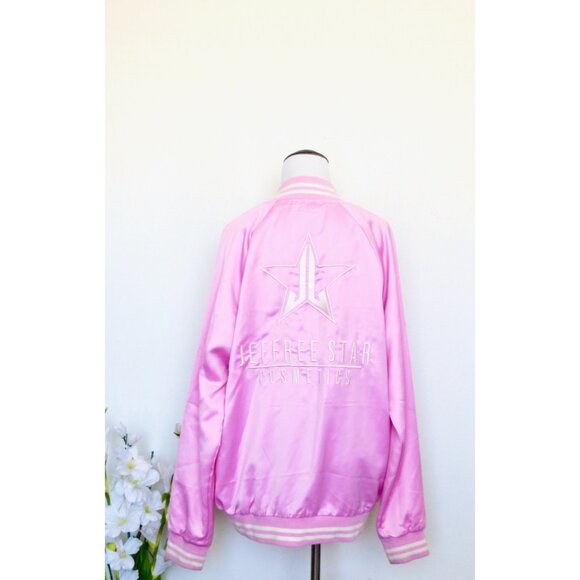 JEFFREE STAR Cosmetics Fashion Embroidered Satin Varsity Bomber Jacket Pink SZ M - Picture 1 of 7